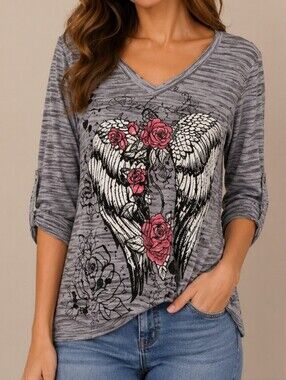 EVER BLUE Y2k Fairycore Lightweight Gray Angel Wing Rose V-Neck Top